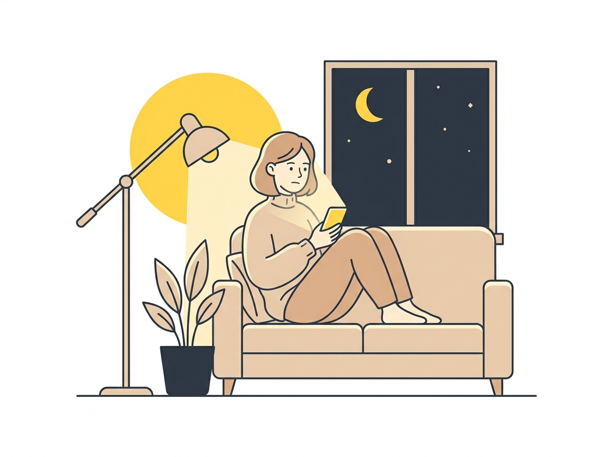 夜、ひとりで悩む女性のイラスト